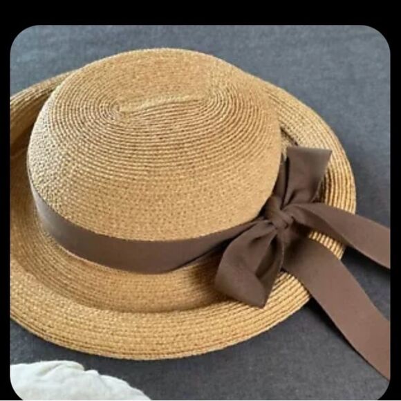 Vintage Helen Kaminski Raffia Straw Hat Rolled Brim Brown Bow hat block Like New - Picture 10 of 14
